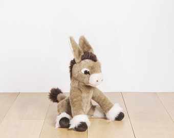 Small Handmade Stuffed Toy Donkey 35cm. Brown Synthetic fur, realistic and Very Soft for baby, children & adults – My donkey Gaston