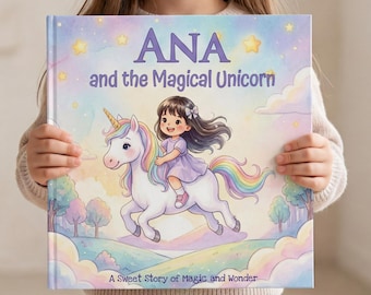 Könnte beinhalten: Ein Kinderbuch mit festem Einband mit dem Titel Ana and the Magical Unicorn. Das Cover zeigt eine bunte Illustration eines Mädchens, das auf einem weißen Einhorn mit regenbogenfarbener Mähne und Schweif vor einem pastellfarbenen Himmel reitet.