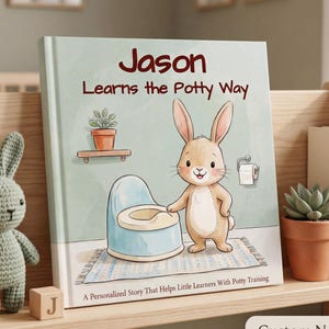 May include: A hardcover children's book titled Jason Learns the Potty Way, featuring an illustration of a light brown bunny standing next to a blue potty. The cover includes a small potted plant on a shelf and a roll of toilet paper on the wall.