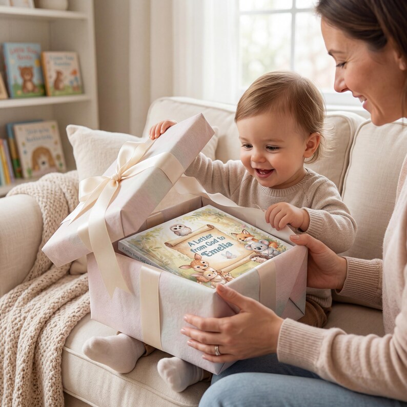 May include: A square gift box with a cream-colored satin ribbon bow containing a book titled A Letter from God to Emelia. The book cover features illustrations of a scroll and various woodland animals including a fox, owl, and koala.