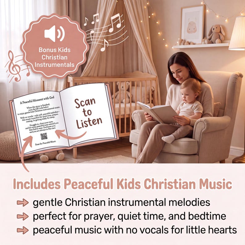 May include: A book titled A Peaceful Moment with God featuring a QR code for kids Christian instrumental music. The page includes the text Scan to Listen and instructions to enjoy gentle melodies for prayer, quiet time, and bedtime.