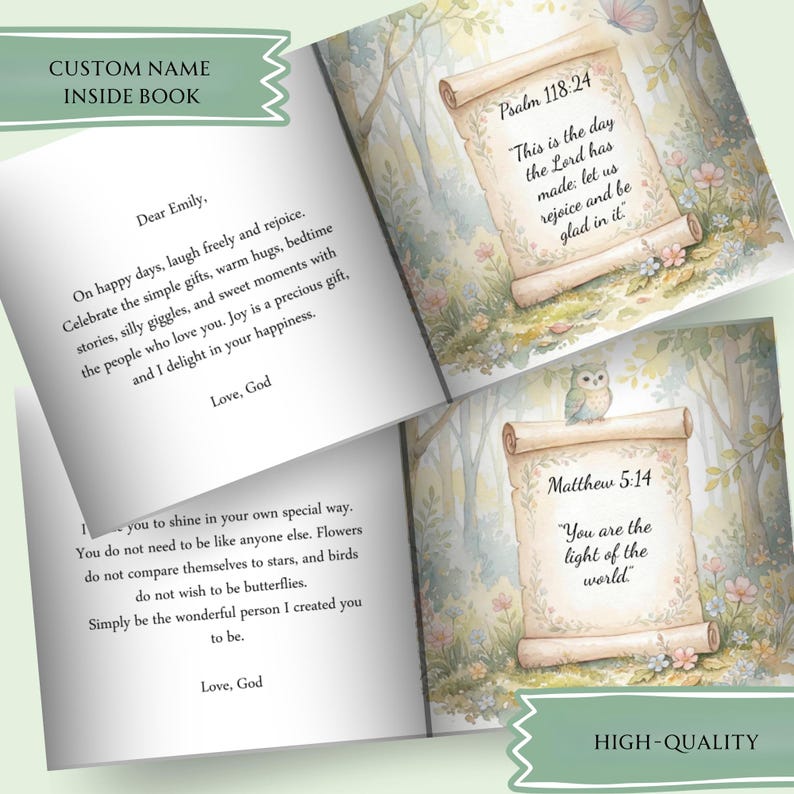 May include: A children's book with two open pages showing text and illustrations. One page features a scroll with Psalm 118:24, and the other shows a scroll with Matthew 5:14. The background depicts a forest with flowers and a small owl.