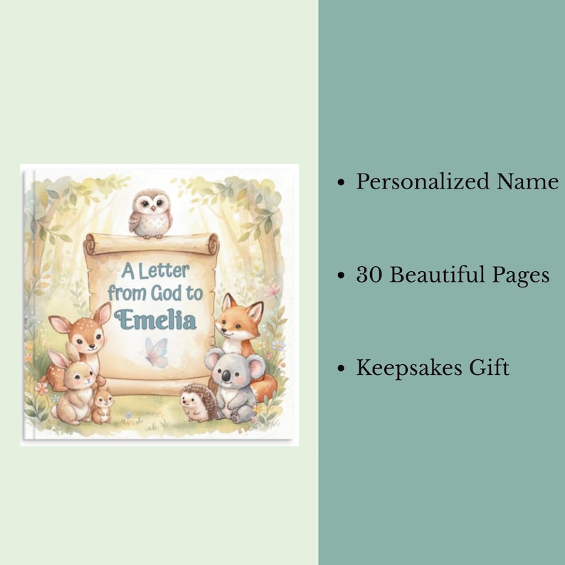 May include: A square book cover featuring a central scroll with the text A Letter from God to Emelia, surrounded by illustrations of a deer, rabbit, owl, fox, koala, and hedgehog in a forest setting, with text listing personalized name, 30 pages, and keepsake gift.