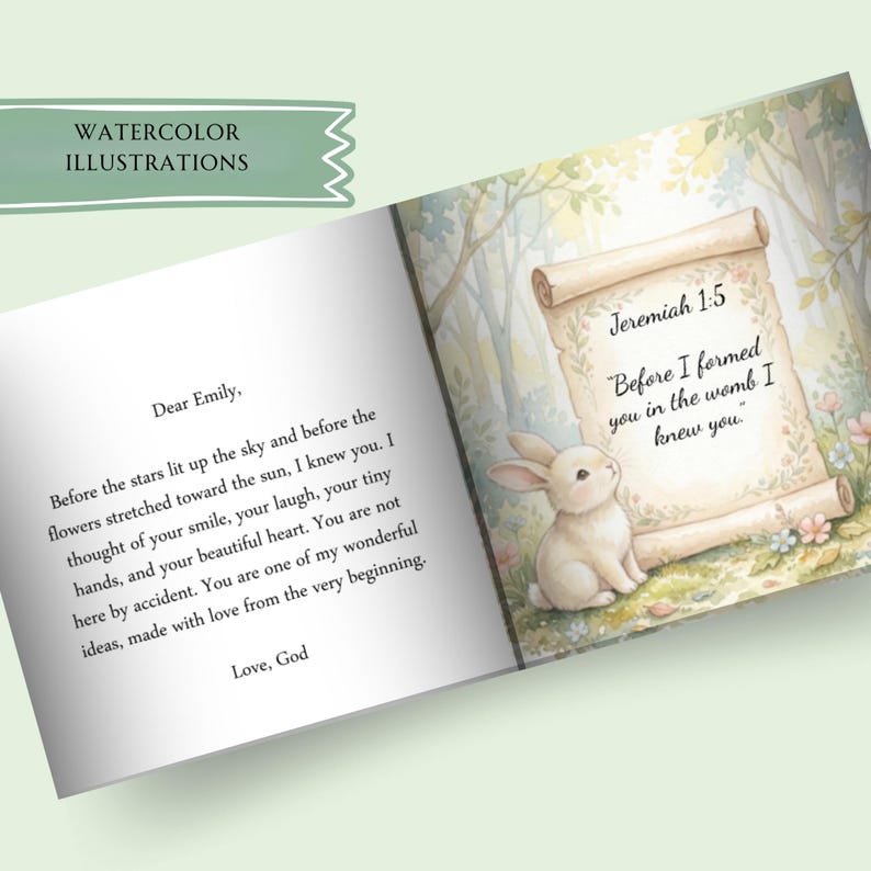 May include: A book spread featuring watercolor illustrations. The left page contains a letter addressed to Emily, signed by God. The right page shows a scroll with the text Jeremiah 1:5, Before I formed you in the womb I knew you, next to a rabbit.