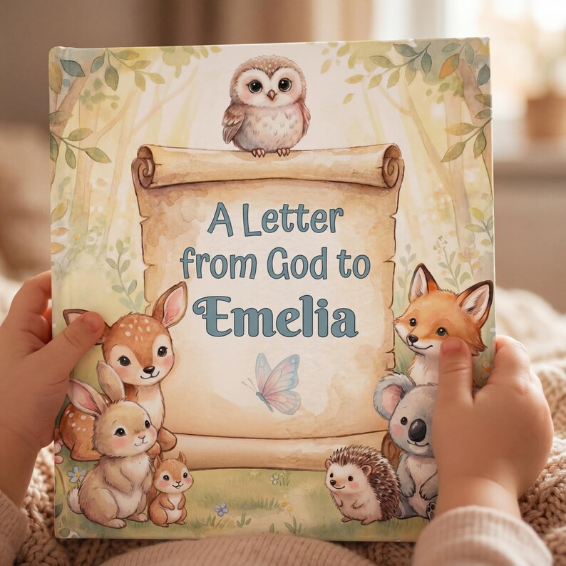 May include: A hardcover book cover featuring a central parchment scroll with the text A Letter from God to Emelia. The illustration includes a small owl, a deer, a rabbit, a squirrel, a fox, a koala, a hedgehog, and a butterfly in a forest.
