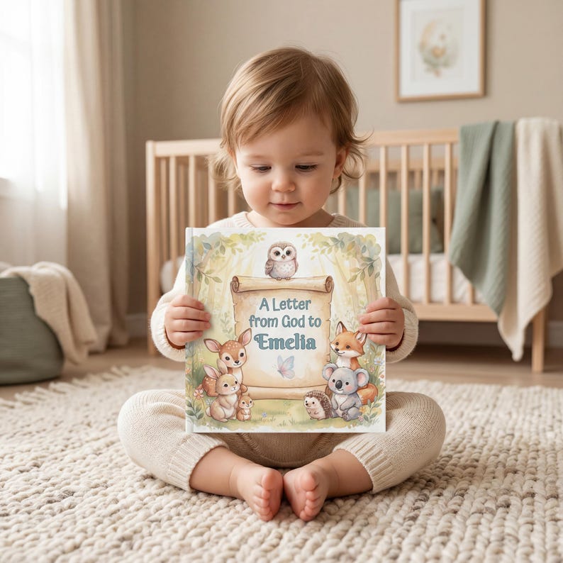 May include: A square hardcover book titled A Letter from God to Emelia, featuring a central parchment scroll illustration surrounded by a cartoon owl, deer, rabbit, fox, koala, and hedgehog in a soft-toned forest setting with light green foliage.