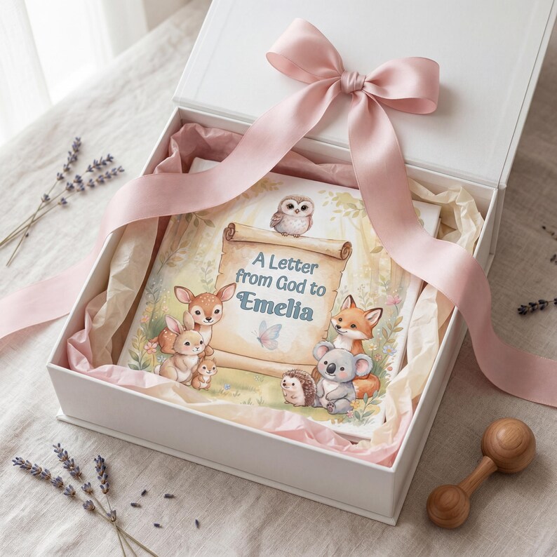 May include: A white gift box containing a book titled A Letter from God to Emelia, featuring illustrations of an owl, deer, rabbit, fox, koala, and hedgehog. The box is tied with a large, pale pink satin ribbon and lined with soft tissue paper.