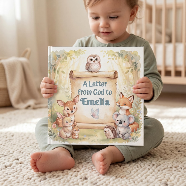 May include: A square hardcover book titled A Letter from God to Emelia, featuring a central parchment scroll illustration surrounded by a watercolor forest scene with a small owl, deer, rabbit, fox, koala, hedgehog, and a butterfly.