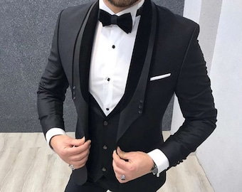 Stylish Men Suits 3 Piece Black Wedding Groom Wear Slim Fit One Button Wedding Suit, stylish wedding suit, black wedding suit, Groom wedding