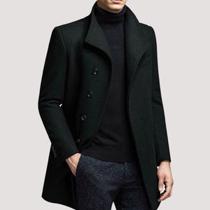 Mens wool coat, Men's Casual Thick Single Breasted Stand Collar Woolen Coat Long Trench Jacket, black wool trench coat, men's winter coat