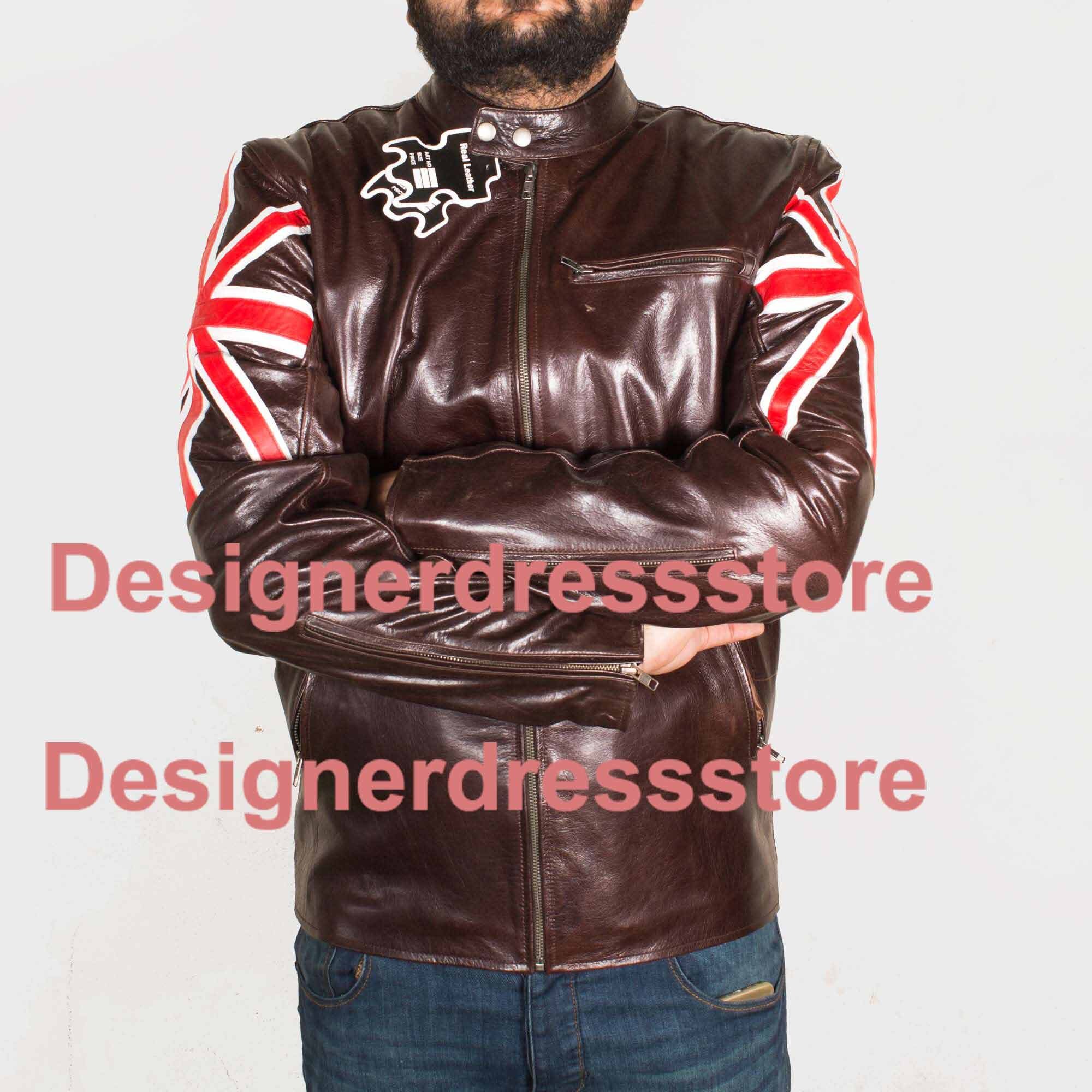 Image of Mens Uk Flag Brown Motorcycle Leather Jacket, Mens Fashion Jacket, Black Leather Jacket, Biker Zipper Jacket