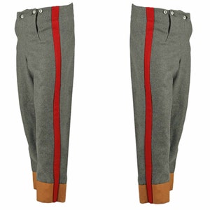 Fall front trousers with red stripes and contrast bottoms, military grade trousers, military breeches, mens trousers military