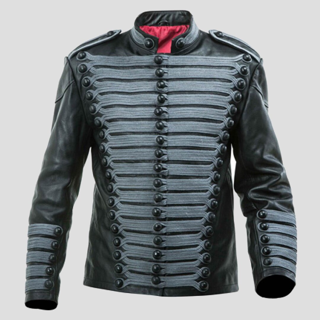 Leather Hussars Jacket With Grey Braiding Steampunk Military Uniform