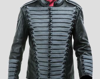 Leather Hussars Jacket with Grey braiding - Steampunk Military Uniform leather hussar jacket