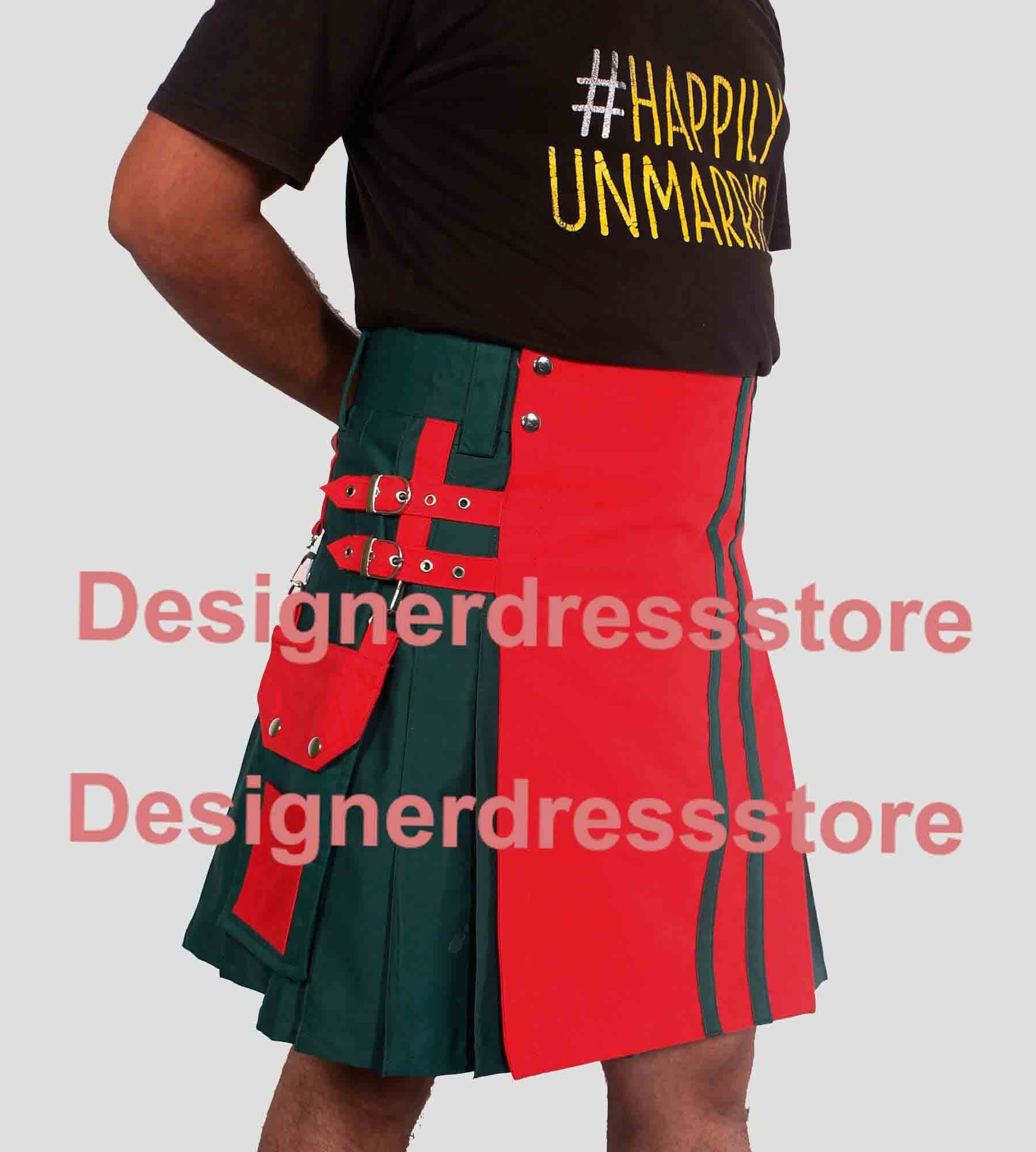 Image of Green & Red Multi Color Stylish Front Apron Kilt, Utility Kilt For Mens, Men