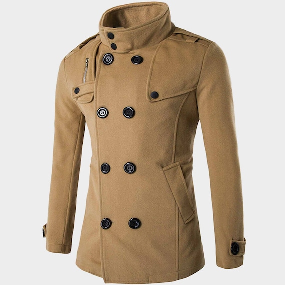 Mens Winter Trench Coat Long Jacket Lapel Neck Outwear Single Breasted  Overcoat 