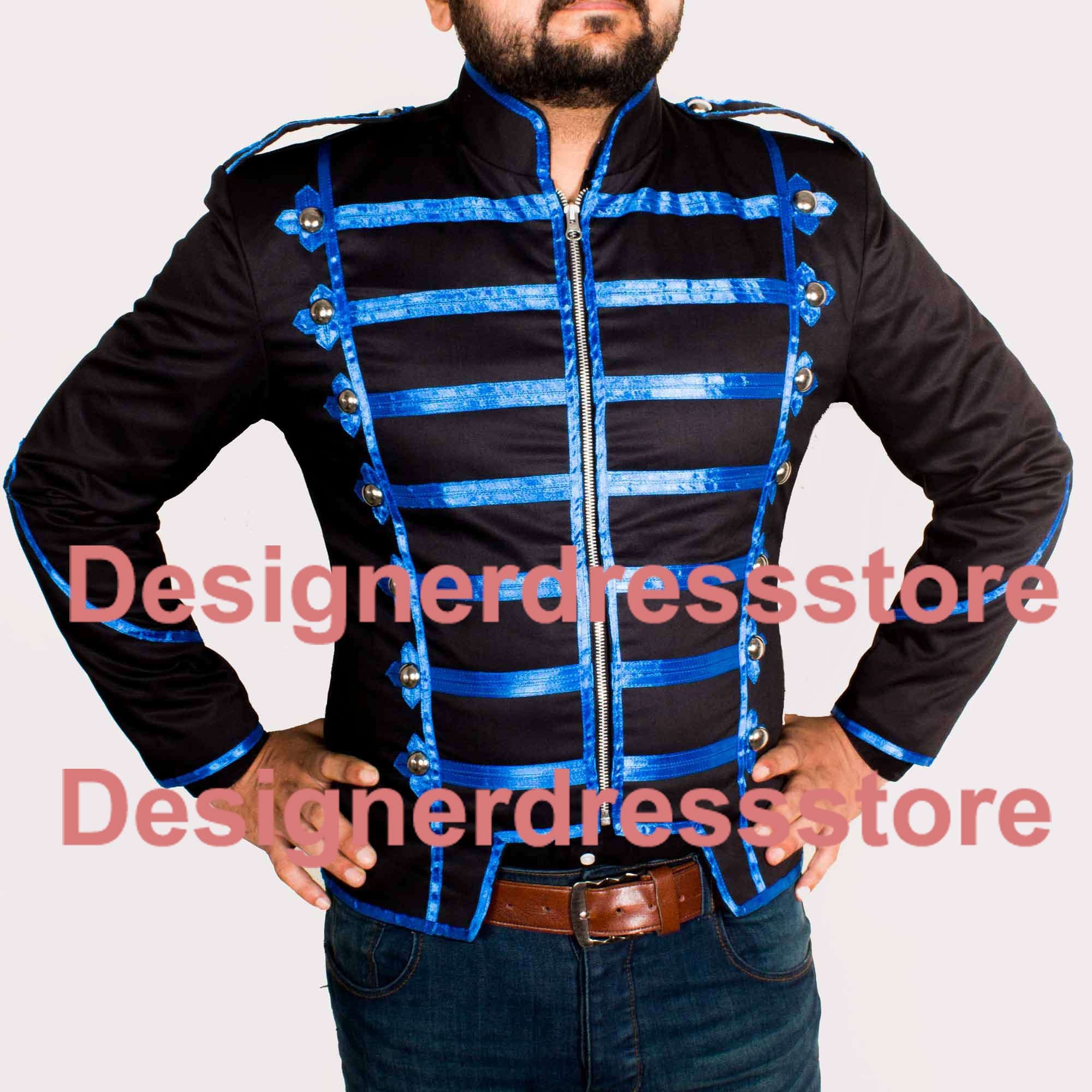 Image of Blue Black Military Marching Band Drummer Jacket, Military Marching Jacket, Drummer Black & Blue Army