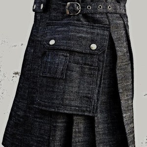 Mens denim utility kilt, denim utility kilt, black denim kilt, utility denim kilt black denim for men, stylish denim utility kilt