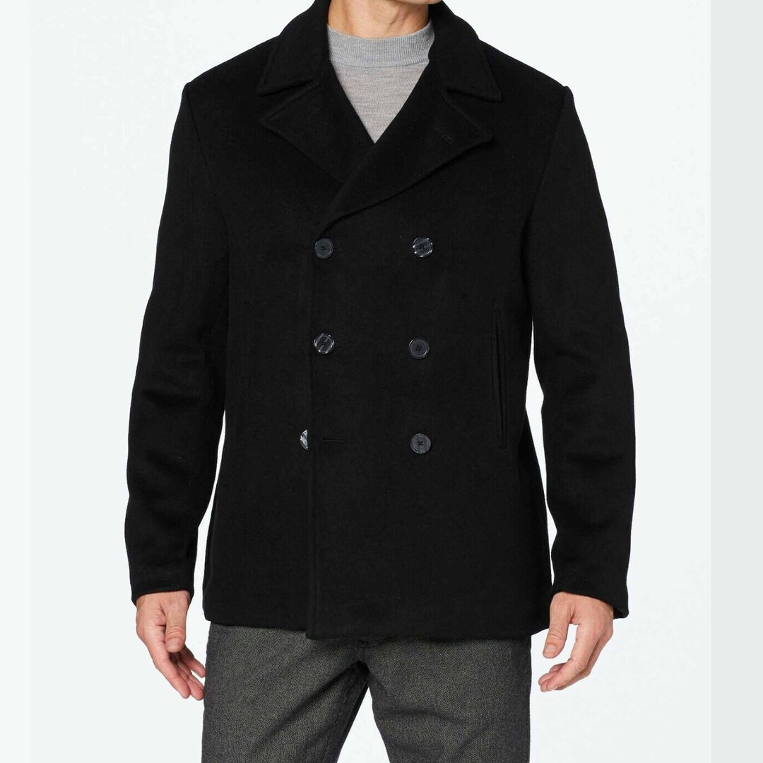Mens Wool Coat, Mens Black Wool & Cashmere Pea Coat Reefer Jacket Heavy