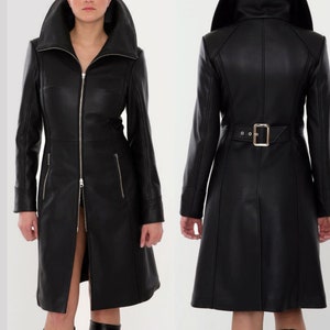 Women Steampunk Coat Black Genuine Leather Fetish Knee Length Kink Dress, Black leather jacket, biker leather jacket, image 1