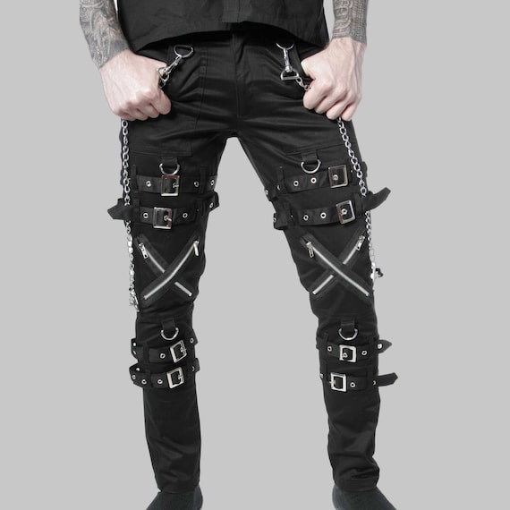 Men's Gothic Threads Reflective Pant Black Punk Buckle Zips Chain Strap  Punk Trousers With Understated Gothic Pants Hi-405-gt 