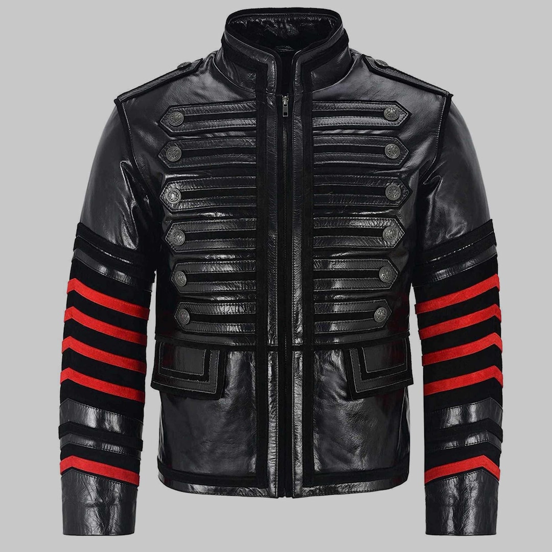 Men Gothic Military Style Leather Jacket Black Stylish Men Leather