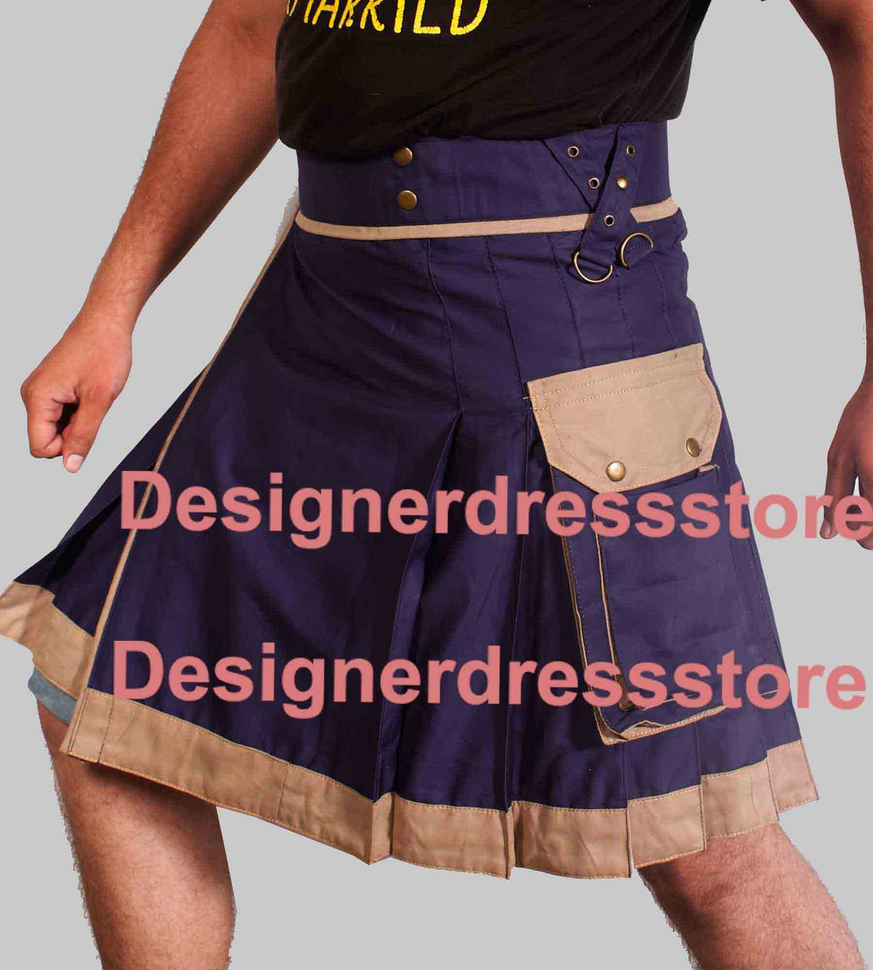 Image of Blue & Khaki Multi Color Stylish Front Apron Kilt, Utility Kilt For Mens, Men