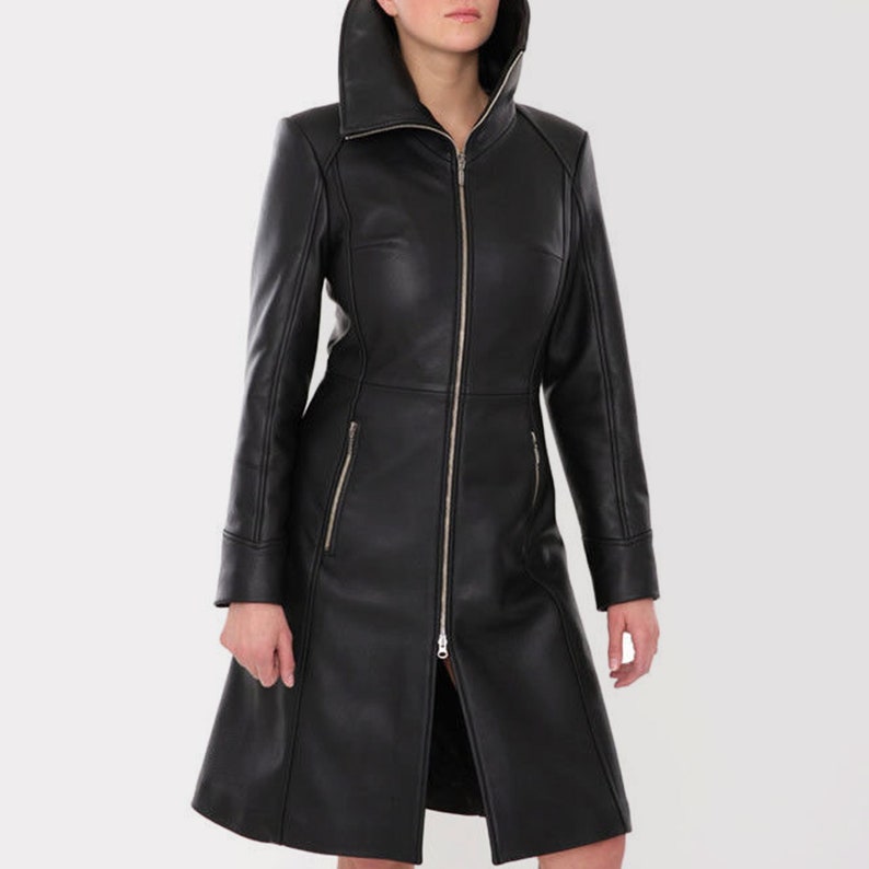 Women Steampunk Coat Black Genuine Leather Fetish Knee Length Kink Dress, Black leather jacket, biker leather jacket, image 2