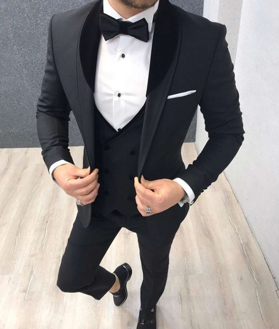 Trajes de hombres elegantes 3 piezas negro boda novio llevar slim