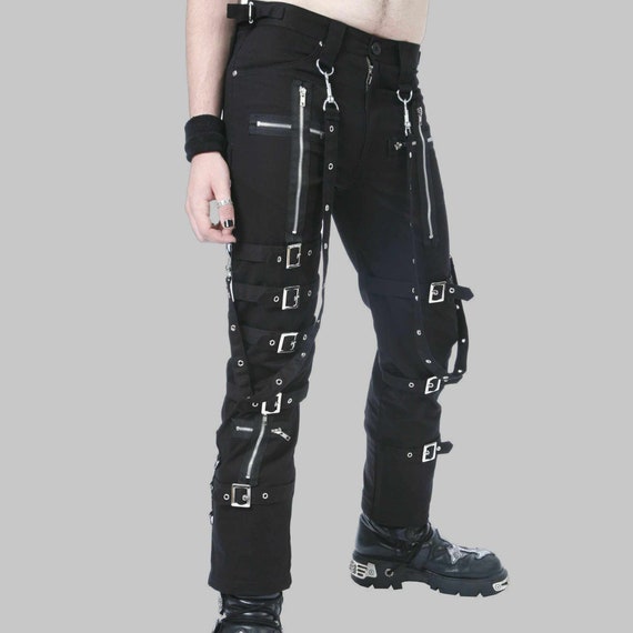 Men's Goth Black-Blue Bondage Handmade Pant Chains Punk Rock Mesh