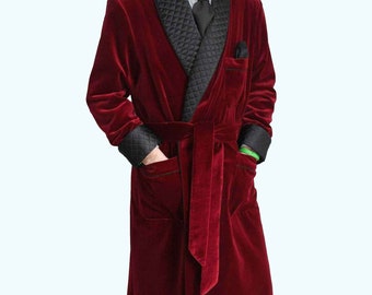 Smoking jacket long gown mens Burgndy smoking jacket , quilted smoking jacket long gown, velvet long jacket, smoking jacket for men, dinner