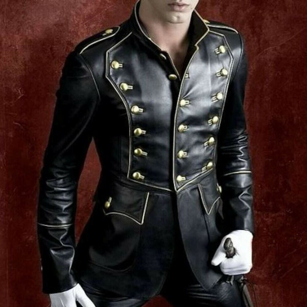 Giacca da uomo in stile militare Steampunk gotico in pelle nera nuova, giacca militare realizzata in autentica pelle rifinita