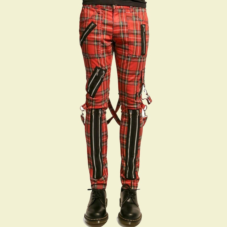 Men Bondage Straps Punk Split Leg Plaid Jeans Pant Alternative Rebel Rock Emo