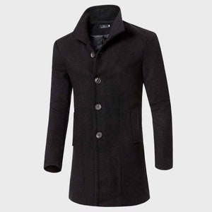 Mens wool coat, Black Double Breasted Wool Long Overcoat, Winter Crumby coat, single breasted coat, gents wool coat, black wool coat