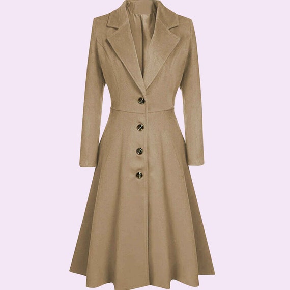 Women Autumn Winter Lapel Button Long Trench Coat Jacket Ladies Overcoat  Outwear, Women trench coat, women military coat, wool coat for wome