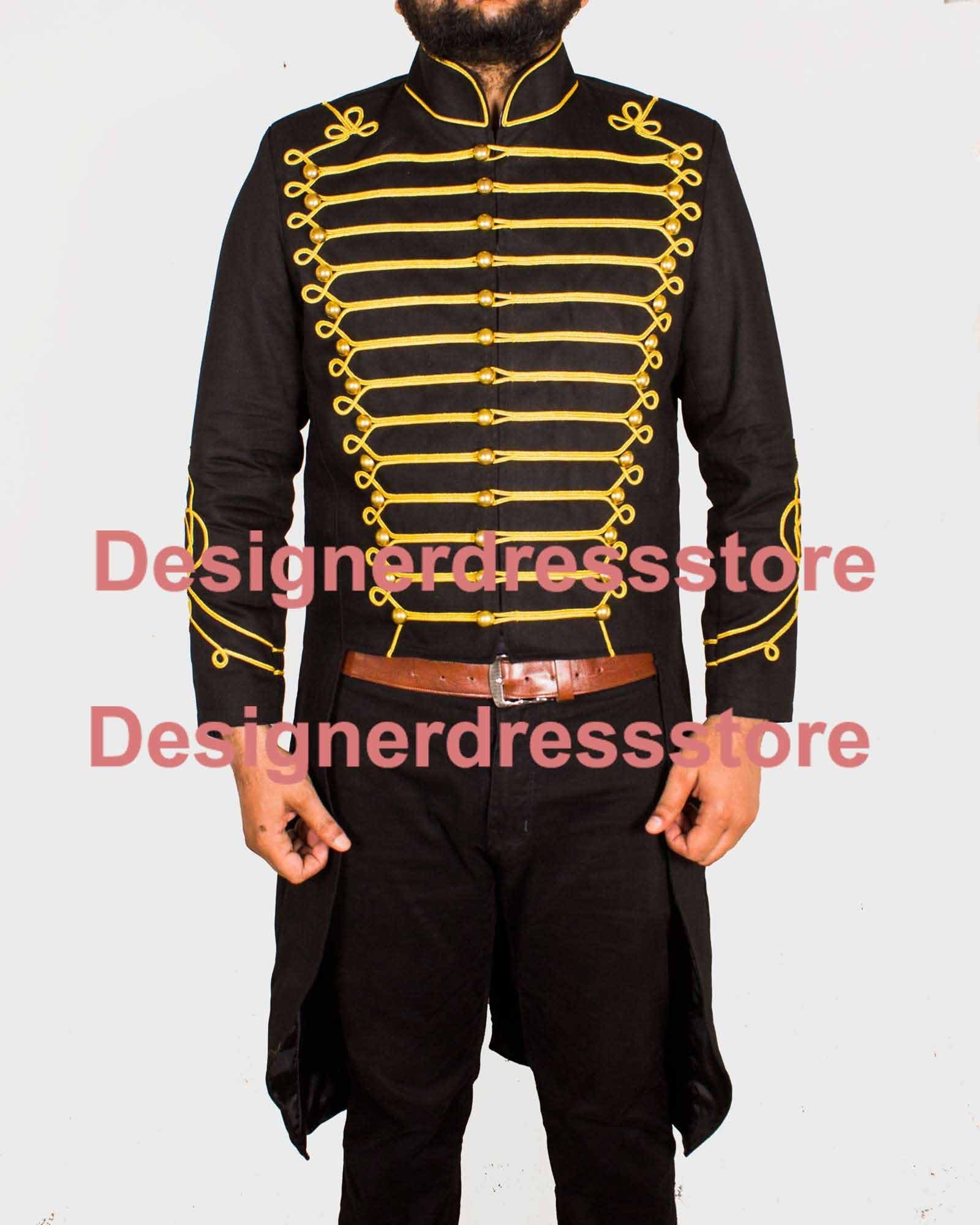 Image of Mens Steampunk Military Gothic Coat Style Officer Hussar Jacket, Gothic Braided Jacket, Military Style Braid Jacket. Cotton Jacket