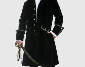 Men's Black Deluxe Pirate Jacket with Pockets Costume, Mens velvet pirate coat, Accessories not included in price