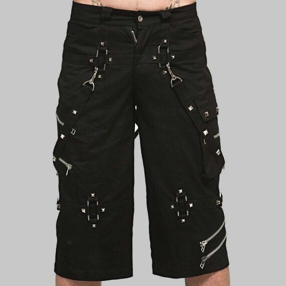 Gothic trousers punk trousers bondage trouser Gothic Metallic Shorts With Metal Decorations