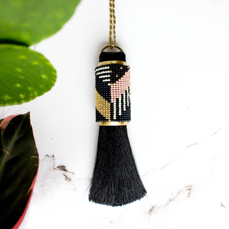 Silk tassel necklace Long black tassel necklace Beaded tassel necklace with ethnic pattern
