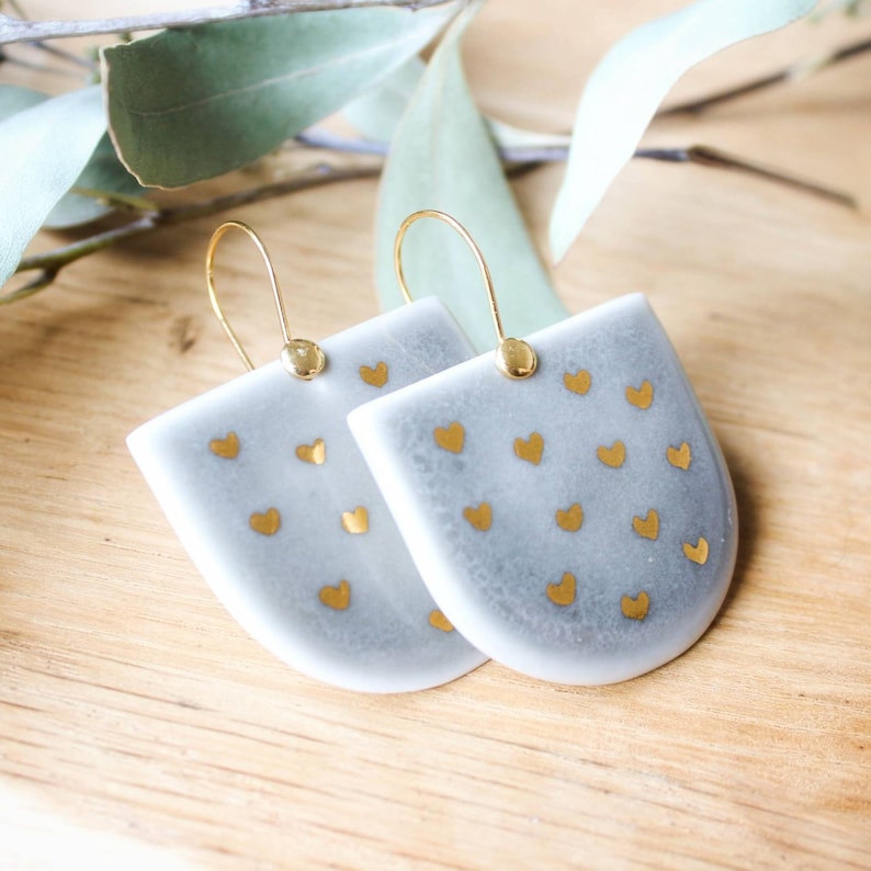 Porcelain earrings heart earrings ceramic earrings grey Etsy