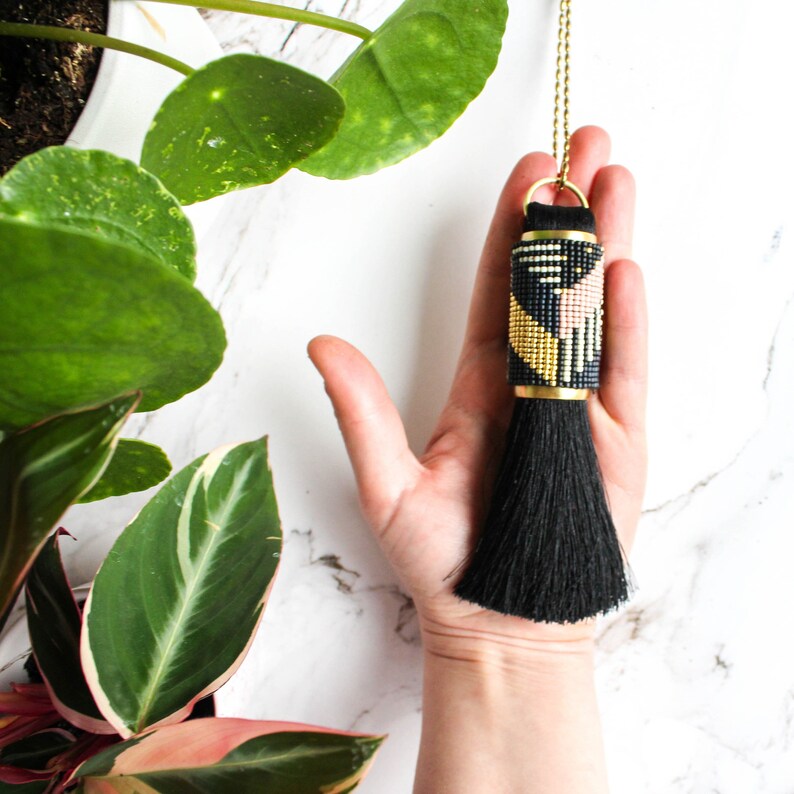 Silk tassel necklace Long black tassel necklace Beaded tassel necklace with ethnic pattern