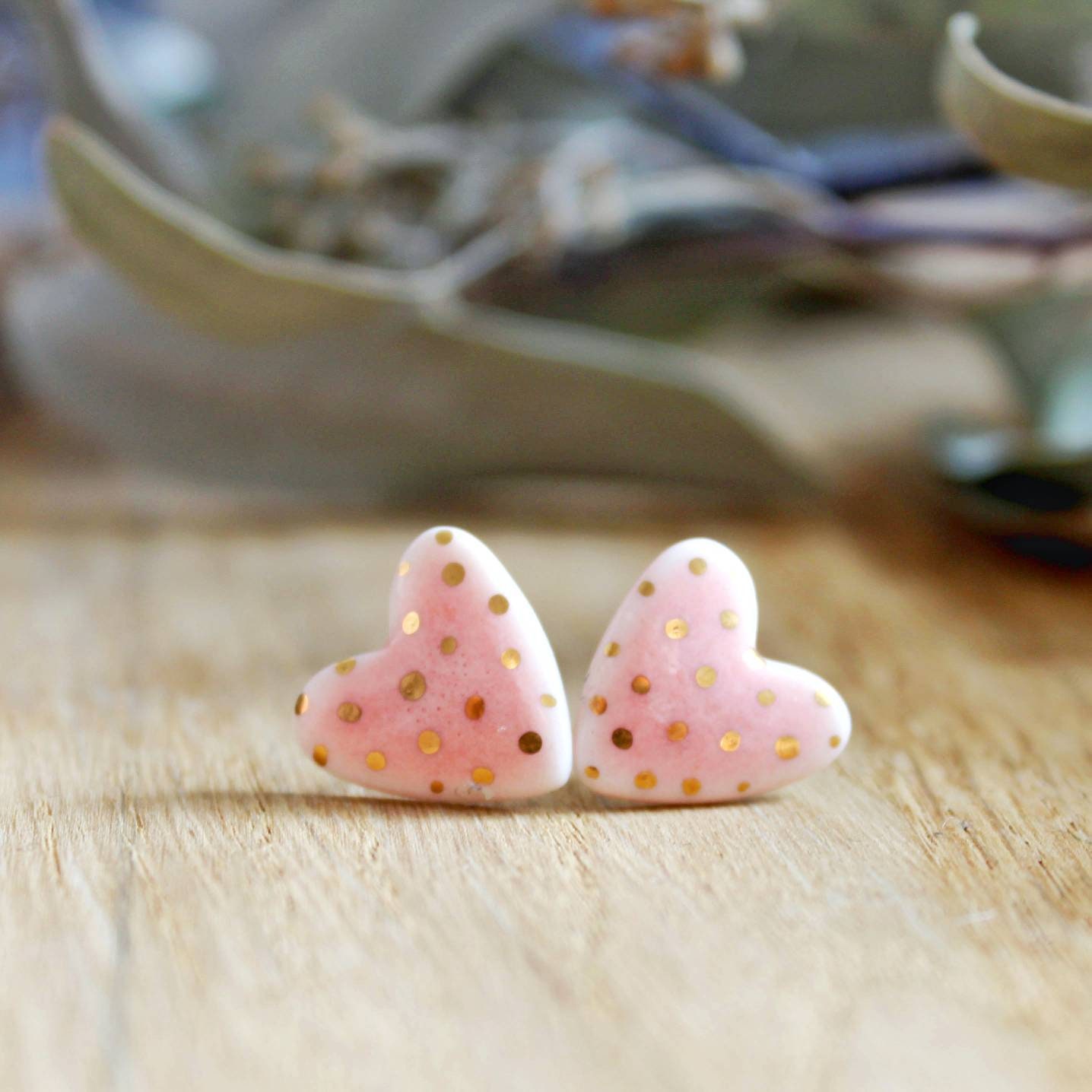 Heart stud ceramic earrings porcelain heart earrings pink Etsy Polska