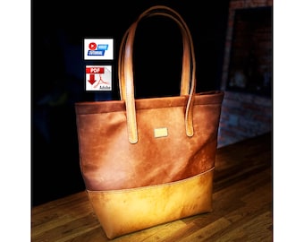 May include: A two-tone brown leather tote bag featuring a darker upper section and a lighter lower panel, two vertical shoulder straps, and a small rectangular leather patch on the front. The image includes icons for a video tutorial and a PDF file.