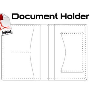 May include: A black and white line drawing of a document holder pattern. The pattern includes two pockets and a flap. The text "Document Holder" is at the top of the image.