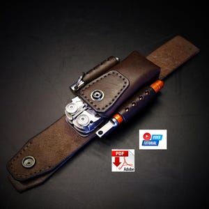 May include: A dark brown leather belt sheath featuring a snap closure, designed to hold a multi-tool, a small flashlight, and a pen. The leather is stitched along the edges and includes a metal snap button at the bottom for secure attachment.