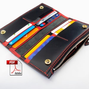 Patrón de billetera de cuero de una billetera plegable grande y delgada en formato PDF con cremallera y botones, tarjetero