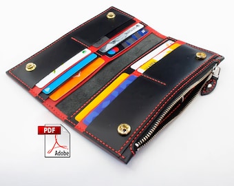 Leather Wallet Pattern of a Large Thin PDF Bifold Wallet with Zipper and Buttons Card Holder