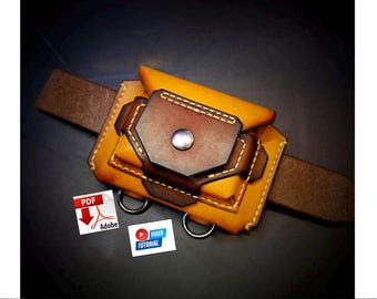May include: Handmade leather pouch in shades of tan and brown, attached to a brown leather belt. The pouch features a geometric design with white stitching and a silver snap closure. Includes PDF and video tutorial icons.