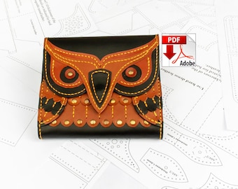 Diseño único de cartera con estampado de búho, plantilla PDF creativa para cartera de cuero de mujer