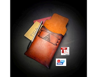 May include: A handcrafted leather pen holder in shades of brown, with a geometric design. A silver pen and a small notepad with the word "FIELD" are visible. The holder has a pocket for the notepad. Includes PDF and video tutorial icons.